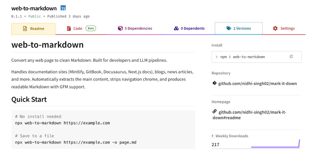 web-to-markdown npm package